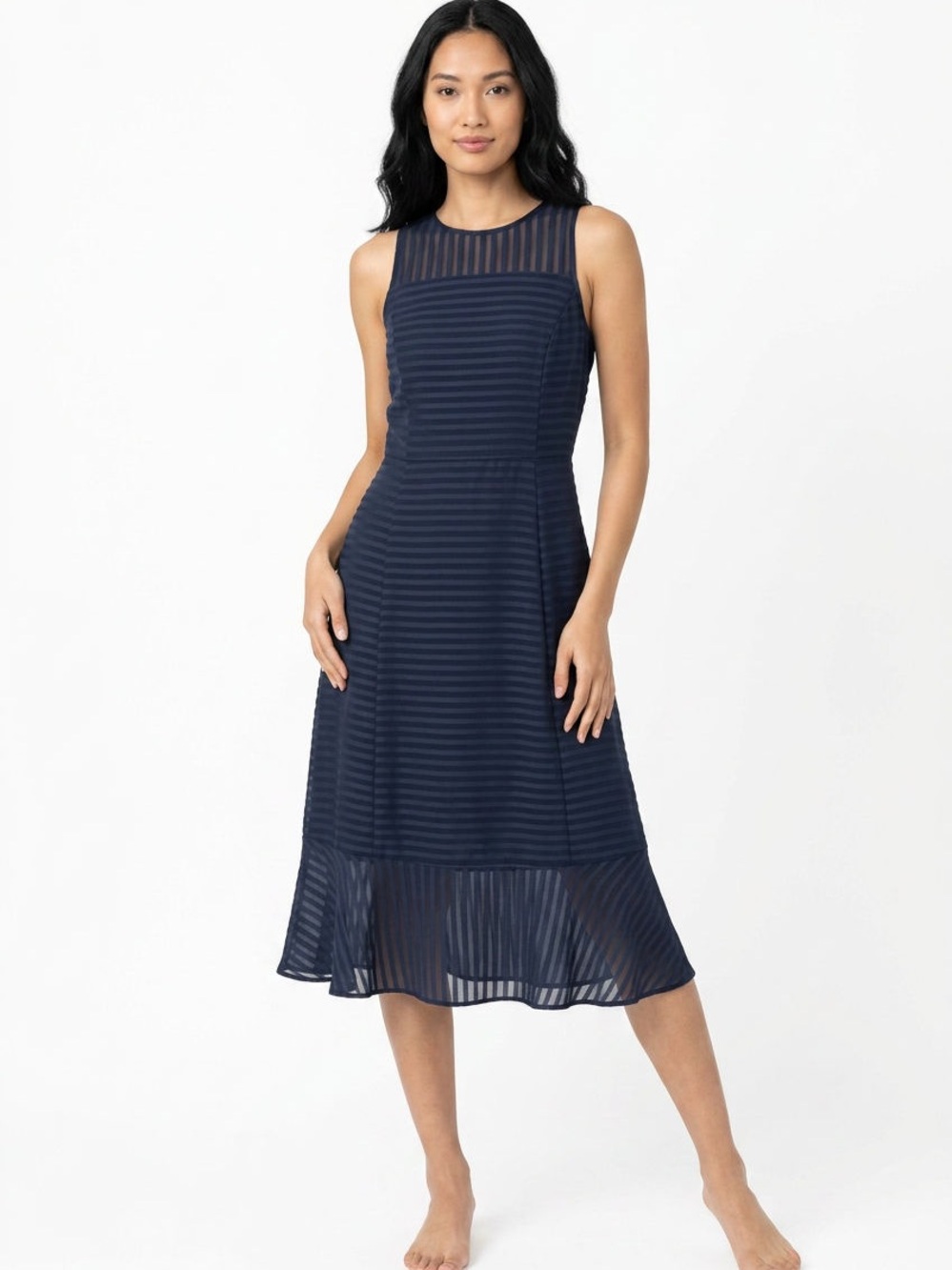 Rachel Zoe Navy Striped Sleeveless Midi Dress